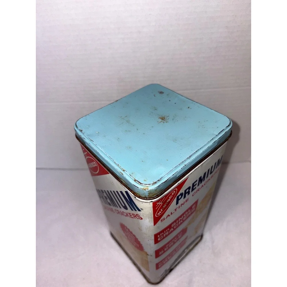 Nabisco Premium Saltine Crackers Tin 1969  Blue Lid Collectible 14oz USA Vintage